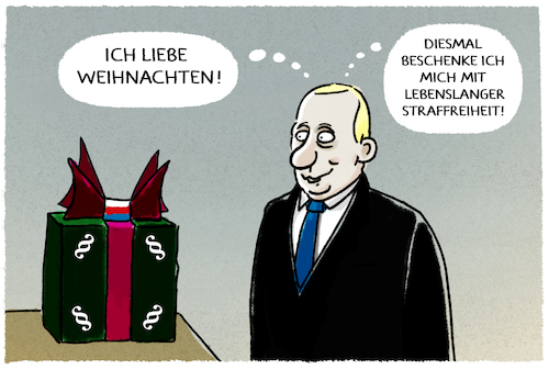 Cartoon: Immun.... (medium) by markus-grolik tagged immunität,recht,paragrafen,weihnachtsgeschenk,populismus,diktatur,putin,straffreiheit,russland,weihnachten,immunität,recht,paragrafen,weihnachtsgeschenk,populismus,diktatur,putin,straffreiheit,russland,weihnachten