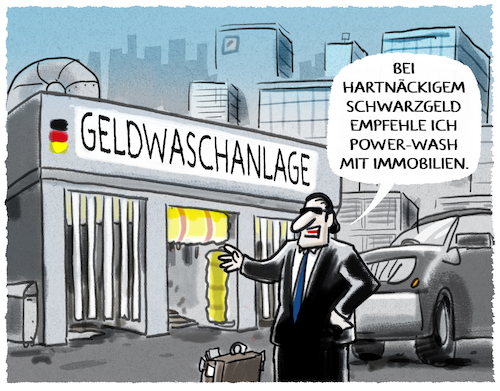 Cartoon: ...Investment... (medium) by markus-grolik tagged schwarzgeld,geldwaesche,deutschland,kriminalitaet,investitionen,wohnraum,mieten,schwarzgeld,geldwaesche,deutschland,kriminalitaet,investitionen,wohnraum,mieten