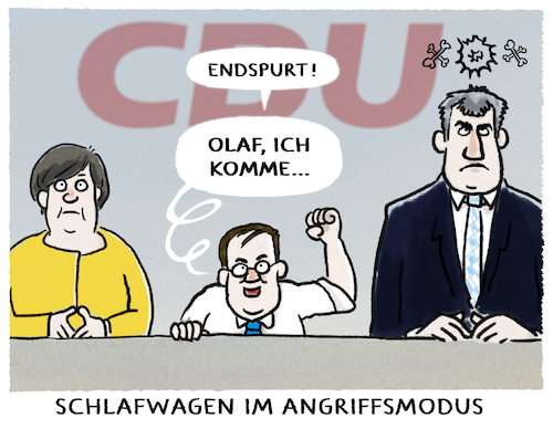 Cartoon: Kanzlerkandidat... (medium) by markus-grolik tagged schlafwagen,laschet,merkel,nachfolge,soeder,umfragewerte,cdu,csu,deutschland,bundestagswahl,scholz,spd,baerbock,gruene,kanzler,kanzlerkandidat,umfrage,karikatur,union,schlafwagen,laschet,merkel,nachfolge,soeder,umfragewerte,cdu,csu,deutschland,bundestagswahl,scholz,spd,baerbock,gruene,kanzler,kanzlerkandidat,umfrage,karikatur,union