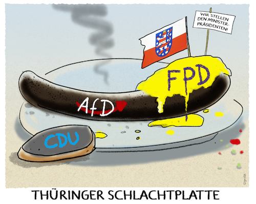 Cartoon: Mahlzeit... (medium) by markus-grolik tagged thüringen,machtkampf,ramelow,wahl,union,liberale,abkehr,dammbruch,rechtspopulisten,nationalisten,faschisten,regierung,ministerpraesident,kemmerich,hoecke,stimmen,thueringer,schlachtplatte,mahlzeit,afd,fdp,cdu,intrigen,wahlgang,bodo,linke,thueringen,koalition,thüringen,machtkampf,ramelow,wahl,union,liberale,abkehr,dammbruch,rechtspopulisten,nationalisten,faschisten,regierung,ministerpraesident,kemmerich,hoecke,stimmen,thueringer,schlachtplatte,mahlzeit,afd,fdp,cdu,intrigen,wahlgang,bodo,linke,thueringen,koalition