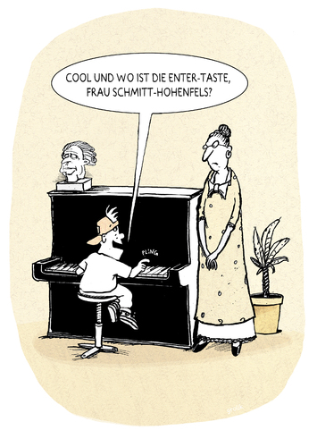 Cartoon: Mozart 2.0 (medium) by markus-grolik tagged klavier,piano,musik,lehrerin,beethoven,mozart,mp3,ipod,notenschlüssel,noten,lernen