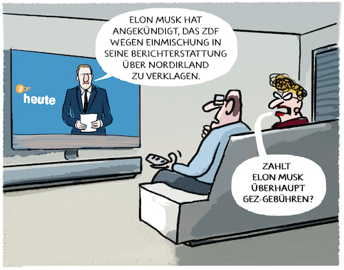 Cartoon: Musk vs ZDF... (medium) by markus-grolik tagged elon,musk,zdf,berichterstattung,nordirland,klage,einmischung,pressefreiheit,gez,gebuehren,fernsehen,tv,nachrichten,tesla,spacex,elon,musk,zdf,berichterstattung,nordirland,klage,einmischung,pressefreiheit,gez,gebuehren,fernsehen,tv,nachrichten,tesla,spacex