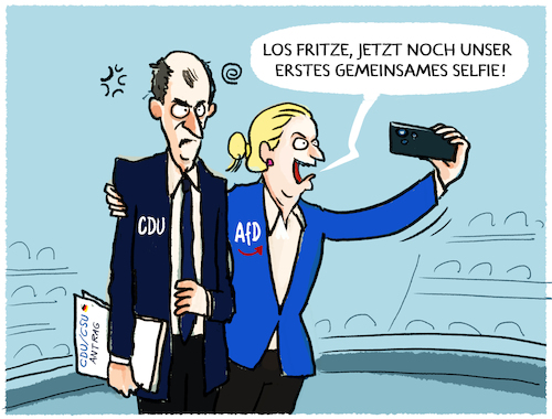 Cartoon: Merz und die Stimmen der AfD... (medium) by markus-grolik tagged kanzlerkandidat,merz,weidel,afd,cdu,csu,entschliessungsantrag,bundestag,abstimmung,selfie,kanzlerkandidat,merz,weidel,afd,cdu,csu,entschliessungsantrag,bundestag,abstimmung,selfie