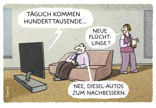 Cartoon: ...Nachrichtenlage... (medium) by markus-grolik tagged vw,diesel,abgaswerte,flüchtlinge,eu,autoindustrie,nachrichten,cartoon,grolik,vw,diesel,abgaswerte,flüchtlinge,eu,autoindustrie,nachrichten,cartoon,grolik