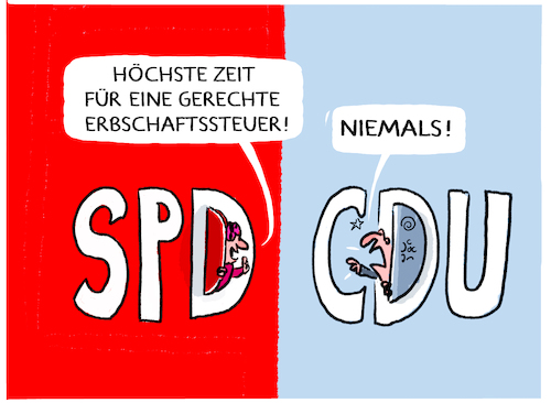 Cartoon: Neuer Streit... (medium) by markus-grolik tagged spd,cdu,erbschaftssteuer,deutschland,besteuerung,lebensfreibetrag,unternehmenserben,erbe,vermoegen,spd,cdu,erbschaftssteuer,deutschland,besteuerung,lebensfreibetrag,unternehmenserben,erbe,vermoegen