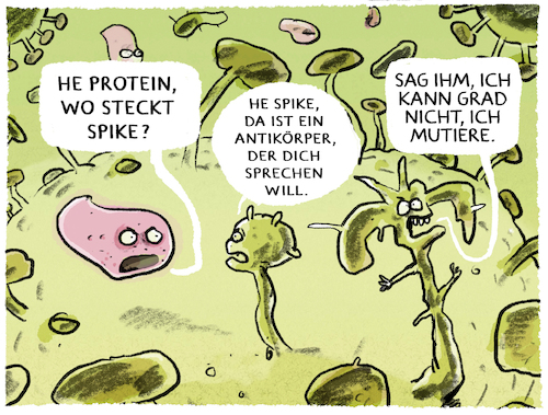 Cartoon: Oberflächenproteine... (medium) by markus-grolik tagged spike,corona,mutanten,pandemie,omikron,antikörper,virus,virologie,zellen,immun,immunantwort,immunsytem,gesundheit,molekular,abwehrsystem,delta,bakterien,parasiten,krankheitserreger,spike,corona,mutanten,pandemie,omikron,antikörper,virus,virologie,zellen,immun,immunantwort,immunsytem,gesundheit,molekular,abwehrsystem,delta,bakterien,parasiten,krankheitserreger