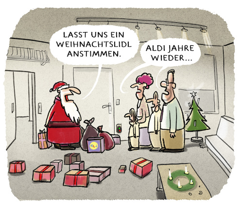 Cartoon: ..oh du fröhliche.. (medium) by markus-grolik tagged discounter,konsum,aldi,lidl,monopol,lebensmittel,verschwendung,weihnachten,discounter,konsum,aldi,lidl,monopol,lebensmittel,verschwendung,weihnachten