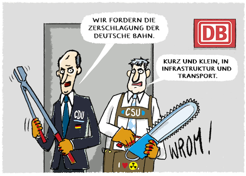 Cartoon: Oppositionsvorschlag... (medium) by markus-grolik tagged rt,deutschland,vorschlag,bahnzerschlagung,rt,deutschland,vorschlag,bahnzerschlagung