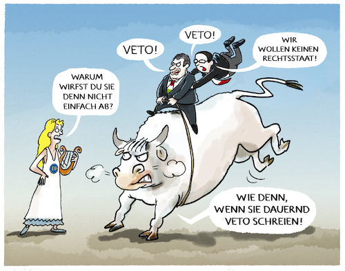 Cartoon: Orban Rodeo (medium) by markus-grolik tagged ungarn,polen,rechtsstaat,veto,europa,orban,stier,abwurf,ungarn,polen,rechtsstaat,veto,europa,orban,stier,abwurf