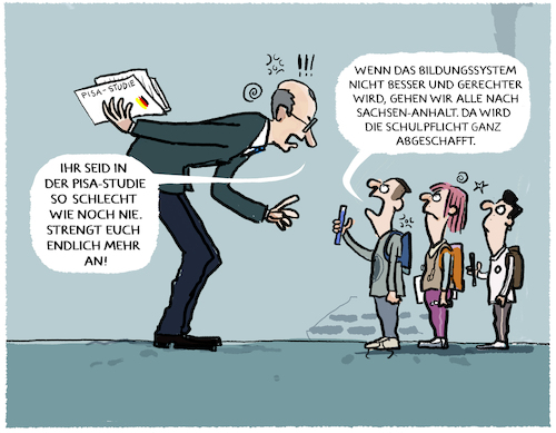 Cartoon: PISA... (medium) by markus-grolik tagged pisa,deutschland,schule,bildungssystem,eltern,kind,familie,bildung,herkunft,cdu,spd,afd,sachsen,anhalt,schulpflicht,merz,bundesregierung,prien,pisa,deutschland,schule,bildungssystem,eltern,kind,familie,bildung,herkunft,cdu,spd,afd,sachsen,anhalt,schulpflicht,merz,bundesregierung,prien