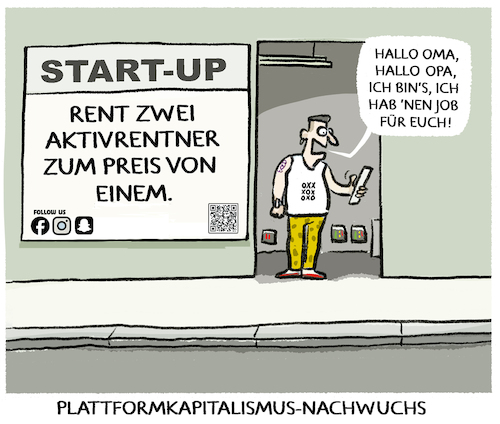 Cartoon: Plattformkapitalismus (medium) by markus-grolik tagged plattformkapitalismus,startup,lieferdienste,lieferando,ausbeutung,niedriglohn,job,mindestlohn,rente,rentner,aktivrente,basisrente,technik,generationen,alter,jugend,plattformkapitalismus,startup,lieferdienste,lieferando,ausbeutung,niedriglohn,job,mindestlohn,rente,rentner,aktivrente,basisrente,technik,generationen,alter,jugend