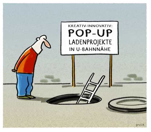 Cartoon: Pop-down... (medium) by markus-grolik tagged pop,up,store,laden,stadt,innenstadt,geschaefte,zwischennutzung,stadtverwaltung,ladenmieten,city,karikatur,grolik,keller,untergrund,leiter,laeden,ladenprojekt,pop,up,store,laden,stadt,innenstadt,geschaefte,zwischennutzung,stadtverwaltung,ladenmieten,city,karikatur,grolik,keller,untergrund,leiter,laeden,ladenprojekt