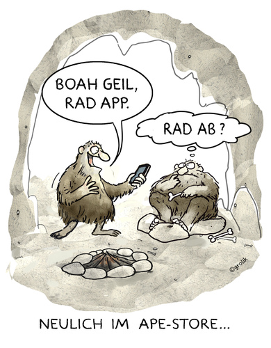 Cartoon: RAD AB (medium) by markus-grolik tagged app,store,handy,mobile,telefon,application,apple,mac,technik,freak,smart,phone,pad,pc,computer,software