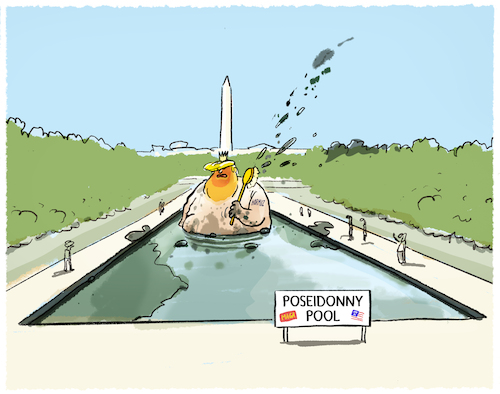 Cartoon: Reflecting pool.... (medium) by markus-grolik tagged reflecting,pool,trump,washington,usa,maga,poseidon,donny,donald,präsident,hormus,iran,öl,algen,reflecting,pool,trump,washington,usa,maga,poseiidon,donny,donald,prsident,hormus,iran,öl,algen