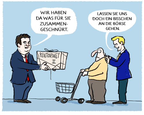 Cartoon: Rentenpaket 2 (medium) by markus-grolik tagged rentenpaket,rente,boerse,aktien,deutschland,finanzierung,rentner,heil,arbeitsminister,spd,lindner,fdp,ampel,rentenpaket,rente,boerse,aktien,deutschland,finanzierung,rentner,heil,arbeitsminister,spd,lindner,fdp,ampel