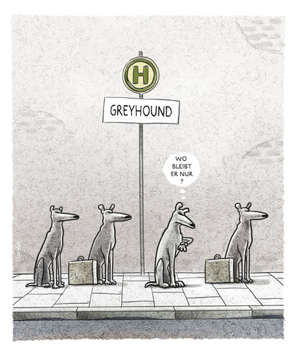 Cartoon: Schienenersatzverkehr (medium) by markus-grolik tagged schienenersatzverkehr,bahn,bus,fernbus,streik,greyhound,warten,hund,windhund,haltestelle,verkehr,stau,nahverkehr,fernverkehr,grolik,cartoon,greyhoundbus,tier,bushaltestelle