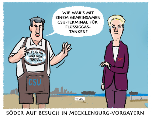 Cartoon: Söder meets Schwesig... (medium) by markus-grolik tagged csu,soeder,bayern,gasmangel,erdgas,ostsee,mecklenburg,vorpommern,spd,schwesig,nordstream,lubmin,lng,tanker,fluessiggas,pipeline,csu,soeder,bayern,gasmangel,erdgas,ostsee,mecklenburg,vorpommern,spd,schwesig,nordstream,lubmin,lng,tanker,fluessiggas,pipeline