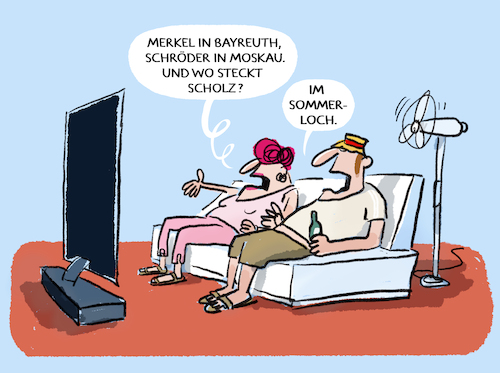 Cartoon: Sommerpause (medium) by markus-grolik tagged sommerloch,sommerpause,zeitenwende,scholz,bundeskanzler,deutschland,ampel,merkel,schroeder,bayreuth,moskau,sommerloch,sommerpause,zeitenwende,scholz,bundeskanzler,deutschland,ampel,merkel,schroeder,bayreuth,moskau