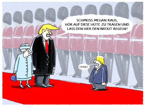 Cartoon: Staatsbesuch (medium) by markus-grolik tagged queen,elisabeth,trump,donald,usa,megan,boris,brexit,johnson,europa,politik,königshaus,harry,mode,style,queen,elisabeth,trump,donald,usa,megan,boris,brexit,johnson,europa,politik,königshaus,harry,mode,style