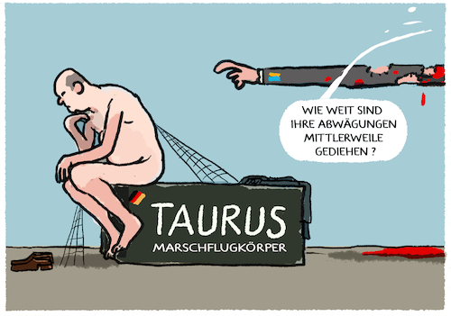 Cartoon: Taurus (medium) by markus-grolik tagged scholz,ukraine,taurus,militaer,unterstuetzung,aussenpolitik,baerbock,kuleba,krieg,marschflugkoerper,russland,deutschland,spd,europa,nato,putin,wolodymyr,selenskyj,usa,biden,waffen,waffenlieferung,scholz,ukraine,taurus,militaer,unterstuetzung,aussenpolitik,baerbock,kuleba,krieg,marschflugkoerper,russland,deutschland,spd,europa,nato,putin,wolodymyr,selenskyj,usa,biden,waffen,waffenlieferung