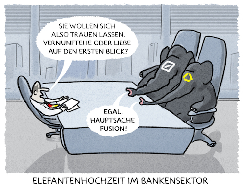 Cartoon: ..too big to marry... (medium) by markus-grolik tagged deutsche,bank,und,commerzbank,elefantenhochzeit,steuerzahler,scholz,finanzindustrie,groko,frankfurt,banken,geld,fusion,deutsche,bank,und,commerzbank,elefantenhochzeit,steuerzahler,scholz,finanzindustrie,groko,frankfurt,banken,geld,fusion