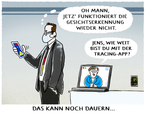 Cartoon: Tracking (medium) by markus-grolik tagged gesichtserkennung,mundschutz,ungeduld,ungeduldig,ansteckung,erkennen,erkennung,jens,spahn,gesundheitsminister,merkel,test,corona,tracing,app,dezentrale,speicherung,apple,google,deutschland,gesichtserkennung,mundschutz,ungeduld,ungeduldig,ansteckung,erkennen,erkennung,jens,spahn,gesundheitsminister,merkel,test,corona,tracing,app,dezentrale,speicherung,apple,google,deutschland