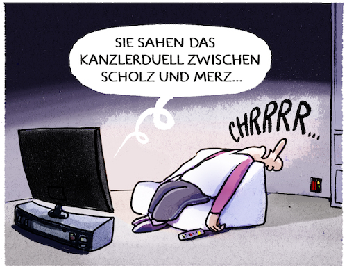 Cartoon: TV-Duell... (medium) by markus-grolik tagged kanzlerduell,scholz,merz,schlagabtausch,deutschland,cdu,spd,kandidaten,fernsehen,quoe,zdf,ard,olaf,bundeskanzler,bundestagswahl,quote,zuschauer,langeweile,rituale,kanzlerduell,scholz,merz,schlagabtausch,deutschland,cdu,spd,kandidaten,fernsehen,quoe,zdf,ard,olaf,bundeskanzler,bundestagswahl,quote,zuschauer,langeweile,rituale