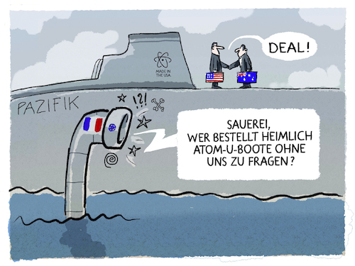 Cartoon: U-Boot-Mobbing (medium) by markus-grolik tagged usa,atomuboot,pazifik,china,australien,europa,frankreich,macron,militär,usa,atomuboot,pazifik,china,australien,europa,frankreich,macron,militär