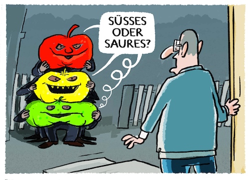 Cartoon: Überraschung (medium) by markus-grolik tagged halloween,suesses,saures,kosten,energiewende,klimaschutz,deutschland,halloween,suesses,saures,kosten,energiewende,klimaschutz,deutschland