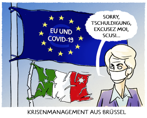 Cartoon: U.v.d.Leyen (medium) by markus-grolik tagged krisenmanagement,bruessel,kritik,handeln,eu,corona,krise,entschuldigung,flaggen,ursula,von,der,leyen,europa,pandemie,rom,italien,covid,19,krisenmanagement,bruessel,kritik,handeln,eu,corona,krise,entschuldigung,flaggen,ursula,von,der,leyen,europa,pandemie,rom,italien,covid,19