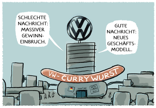 Cartoon: Verkaufsschlager VW Currywurst (medium) by markus-grolik tagged vw,volkswagen,currywurst,marketing,vertrieb,kantine,gewinneinbruch,eauto,autobauer,deutschland,vw,volkswagen,currywurst,marketing,vertrieb,kantine,gewinneinbruch,eauto,autobauer,deutschland