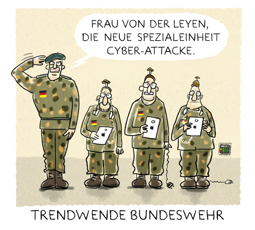 Cartoon: Verteidigungs-Start-Up (medium) by markus-grolik tagged soldaten,bundeswehr,deutschland,cyberangriff,ursula,von,der,leyen,verteidigung,verteidigungsminister,hipster,bundesregierung,soldaten,bundeswehr,deutschland,cyberangriff,ursula,von,der,leyen,verteidigung,verteidigungsminister,hipster,bundesregierung