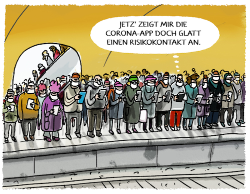 Cartoon: Warnstufe... (medium) by markus-grolik tagged risikokontakt,corona,app,warnung,pandemie,nahverkehr,risikokontakt,corona,app,warnung,pandemie,nahverkehr