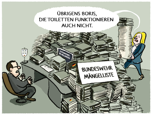 Cartoon: Wehrbericht.. (medium) by markus-grolik tagged wehrbericht,bundeswehr,nato,deutschland,zeitenwende,pistorius,boris,verteidigungsministerium,wehrbeauftragte,hoegl,beschaffungsamt,heer,maengelliste,wehrbericht,bundeswehr,nato,deutschland,zeitenwende,pistorius,boris,verteidigungsministerium,wehrbeauftragte,hoegl,beschaffungsamt,heer,maengelliste