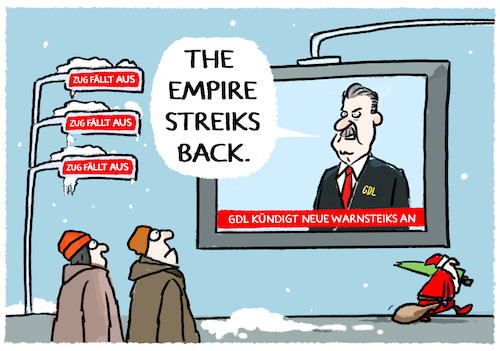 Cartoon: Weselsky lässt wieder streiken (medium) by markus-grolik tagged weselsky,gdl,deutsche,bahn,warnstreiks,weihnachten,wintereinbruch,streik,bahnstreik,warnstreik,lokfuehrergewerkschaft,lohnerhoehung,fahrgastverband,gewerkschaft,fahrgäste,inflation,zugausfaelle,weselsky,gdl,deutsche,bahn,warnstreiks,weihnachten,wintereinbruch,streik,bahnstreik,warnstreik,lokfuehrergewerkschaft,lohnerhoehung,fahrgastverband,gewerkschaft,fahrgäste,inflation,zugausfaelle