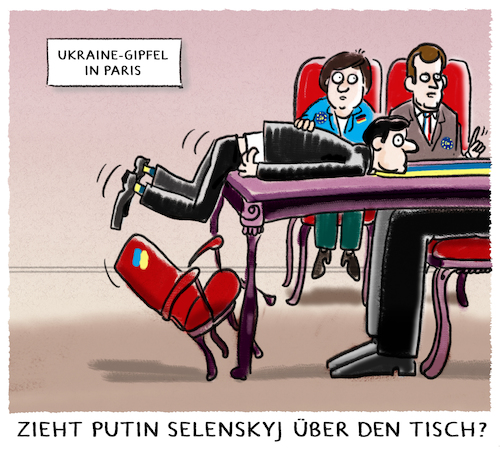 Cartoon: Wolodymyr  meets Wladimir (medium) by markus-grolik tagged putin,russland,eu,europa,ukraine,selenskyj,merkel,macron,paris,kiew,moskau,putin,russland,eu,europa,ukraine,selenskyj,merkel,macron,paris,kiew,moskau