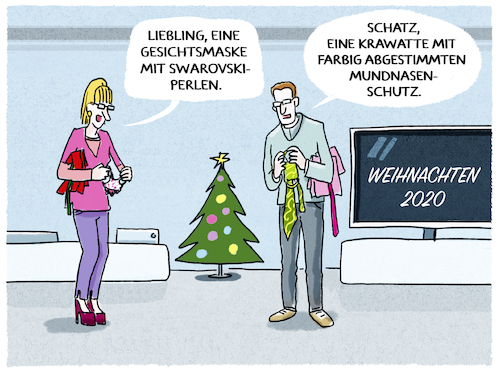 Cartoon: X-Mas 2020 (medium) by markus-grolik tagged luxusgeschenke,weihnachtsgeschenke,swarovskiperlen,mundschutz,krawatte,2020,maske,gesichtsmaske,corona,weihnachten,luxusgeschenke,weihnachtsgeschenke,swarovskiperlen,mundschutz,krawatte,2020,maske,gesichtsmaske,corona,weihnachten