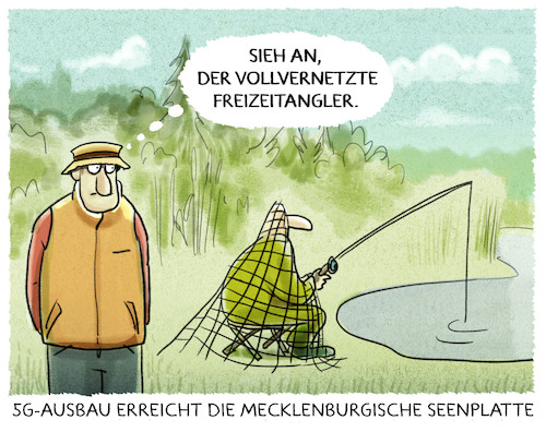 Cartoon: ...zukunftsfähig... (medium) by markus-grolik tagged 5g,huawei,deutschland,mobiltelefonie,netzausbau,vernetzt,vernetzung,angler,natur,daten,scheuer,groko,mecklenburg,seenplatte,5g,huawei,deutschland,mobiltelefonie,netzausbau,vernetzt,vernetzung,angler,natur,daten,scheuer,groko,mecklenburg,seenplatte