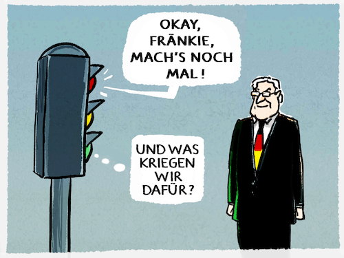 Cartoon: Zweite Amtszeit.. (medium) by markus-grolik tagged frank,walter,steinmeier,bundespraesident,ampel,deutschland,gruene,spd,fdp,zustimmung,deal,frank,walter,steinmeier,bundespraesident,ampel,deutschland,gruene,spd,fdp,zustimmung,deal