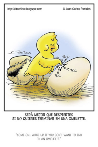 Cartoon: Hurry up! (medium) by Juan Carlos Partidas tagged brothers,omelette,knock,wake,up,hurry,egg,chicken