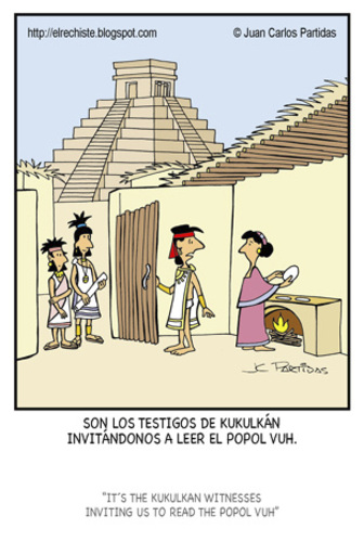 Cartoon: Witnesses (medium) by Juan Carlos Partidas tagged witness,witnesses,maya,mayan,aztec,pyramid,central,america,prehispanic,culture,evangelize,popol,vuh,kukulkan,visit