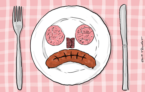 Cartoon: It used to smile on me (medium) by Mandor tagged sausage,meat,cancer,risk