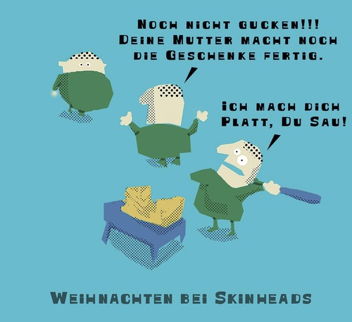 Cartoon: Weihnachten bei Skinheads (medium) by Ludwig tagged nazi,skinhead,weihnachten,geschenke,zusammenschlagen,einwickeln,überraschung,heiligabend,bescherung