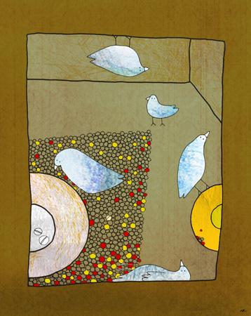 Cartoon: For www.helping-hand.ru (medium) by flyingfly tagged dove,lina,khesina,illustration,helping,hand,plate,window,tablet,pill,room,corner,grain,seed