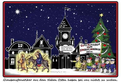 Cartoon: Asylmissbrauch! (medium) by Simpleton tagged joseph,maria,herbergssuche,pegida,sekte,fanatiker,glaube,religion,ausländer,asyl,weihnachten