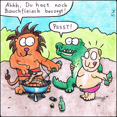 Cartoon: Grillen in der Wildnis (medium) by Storch tagged grillen,fleisch,löwe,krokodil,bier,beute