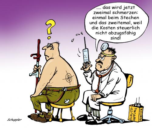 Cartoon: arztbesuch (medium) by schuppi tagged besuch,diagnose,steuer,geld,wirtschaft,spritze,arztbesuch,arzt,besuch,praxis,patient,doktor,untersuchung,finanzamt,diagnose,steuer,geld,wirtschaft,spritze,schmerzen,stechen,spritzen,kosten,absetzen,fadenkreuz,gesundheit