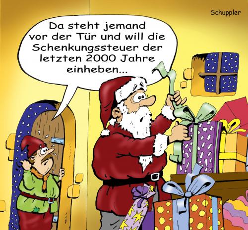 Cartoon: schenkungssteuer (medium) by schuppi tagged steuer,schenkungssteuer,weihnachtsmann,geschenke,steuerabzug,steuererklärung,hinterziehung,steuer,schenkungssteuer,weihnachtsmann,steuerprüfer,geschenke,steuerhinterziehung,steuererklärung,steuerabzug,finanzamt,abgaben,hinterziehung,betrug,weihnachten,religion,anheben,erhöhen,verpacken,überraschungschenk