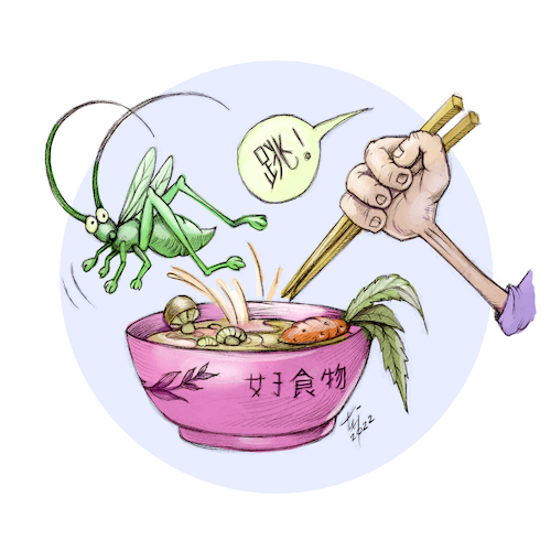 Cartoon: Chinese Food (medium) by hopsy tagged temesi,food,chinese,grasshopper,soup,cartoon