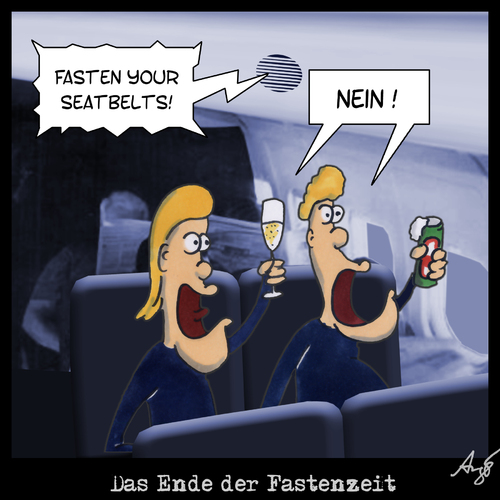 Cartoon: Ende der Fastenzeit (medium) by Anjo tagged fastenzeit,ende,fasten,seatbelt,maßlos,flugzeug,fastenzeit,ende,fasten